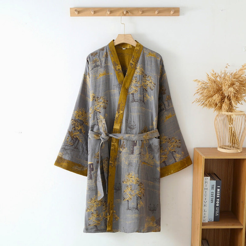 Cotton Jacquard Kimono Bathrobe with Tie Belt and Retro Pattern