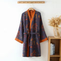 Cotton Jacquard Kimono Bathrobe with Tie Belt and Retro Pattern