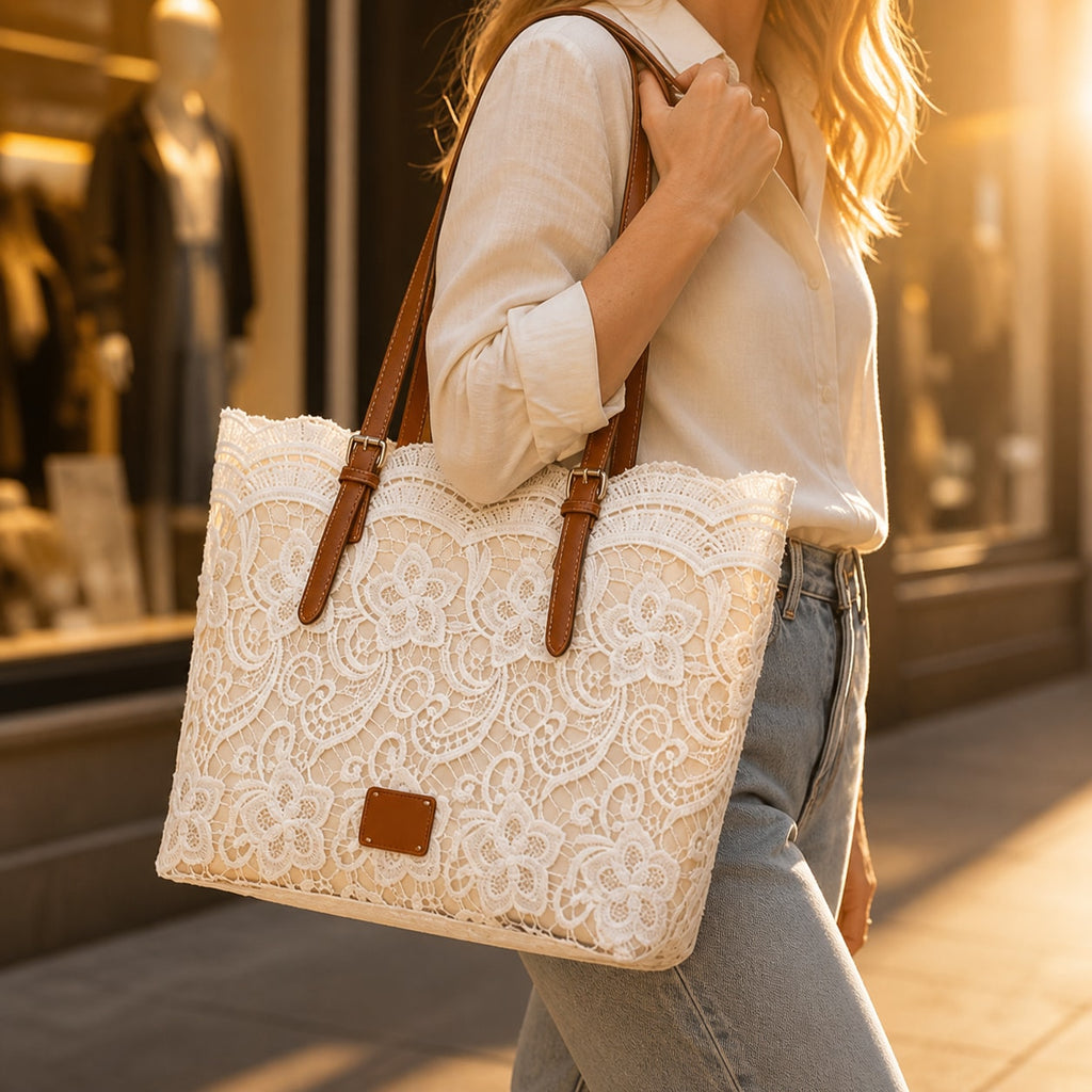 Crochet Lace Shoulder Tote Bag with Faux Leather Straps and Zip Pocket