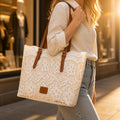 Crochet Lace Shoulder Tote Bag with Faux Leather Straps and Zip Pocket