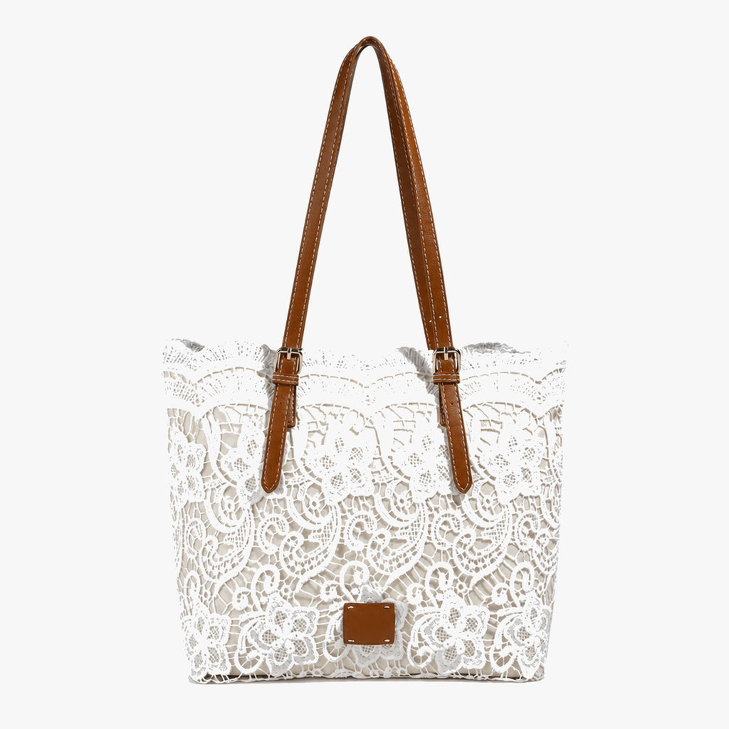 Crochet Lace Shoulder Tote Bag with Faux Leather Straps and Zip Pocket