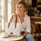 Crochet Lace Shoulder Tote Bag with Faux Leather Straps and Zip Pocket