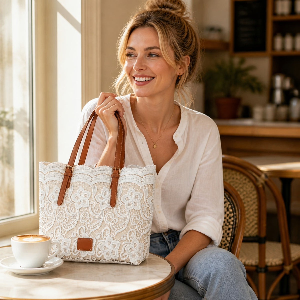 Crochet Lace Shoulder Tote Bag with Faux Leather Straps and Zip Pocket