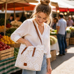Crochet Lace Shoulder Tote Bag with Faux Leather Straps and Zip Pocket