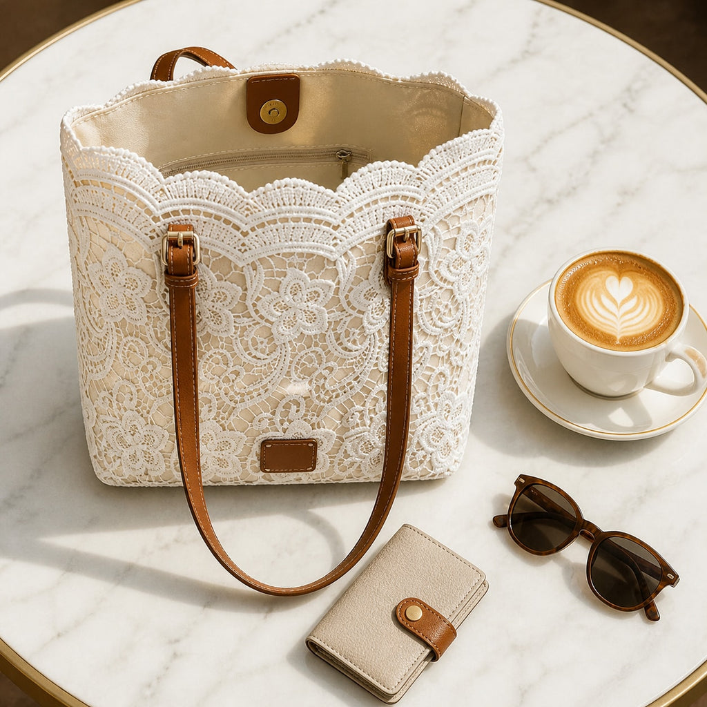 Crochet Lace Shoulder Tote Bag with Faux Leather Straps and Zip Pocket