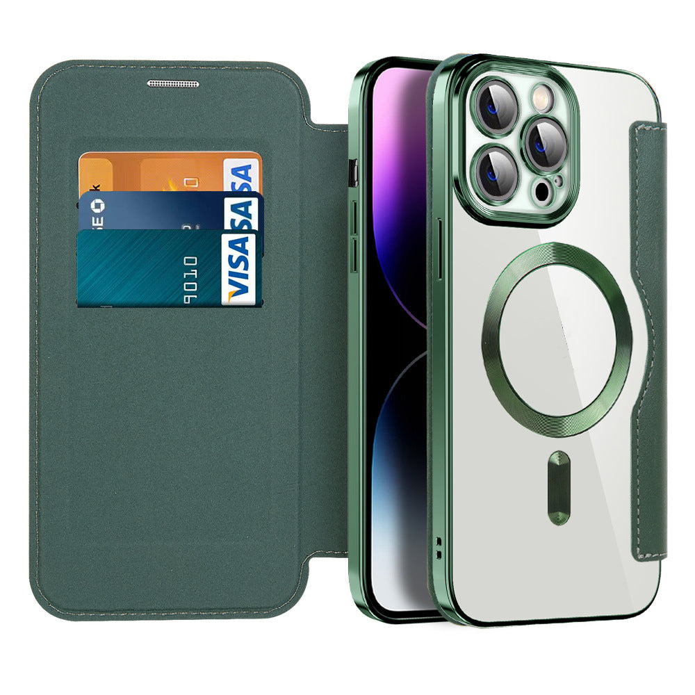 Magnetic Flip Wallet Case for iPhone Faux Leather Phone Case with Card Holder RFID Blocking Clear Shockproof Back and Stand Function
