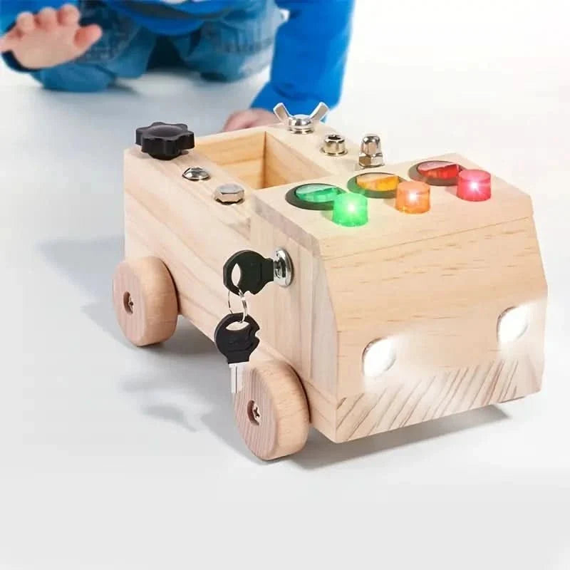 Montessori Busy Board Wooden Toy Car with Tools and LED Lights Fine Motor Skills Activity Toy for Toddlers and Kids