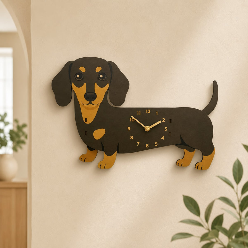 Dachshund Wall Clock with Swinging Tail | Silent Wooden Pendulum Clock