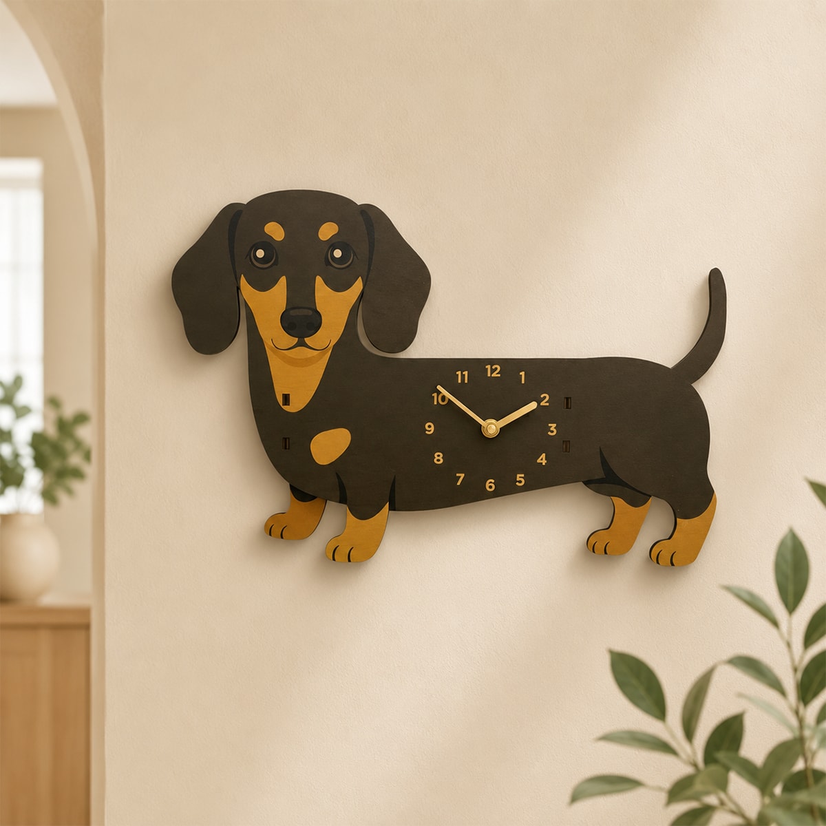Dachshund Wall Clock with Swinging Tail | Silent Wooden Pendulum Clock