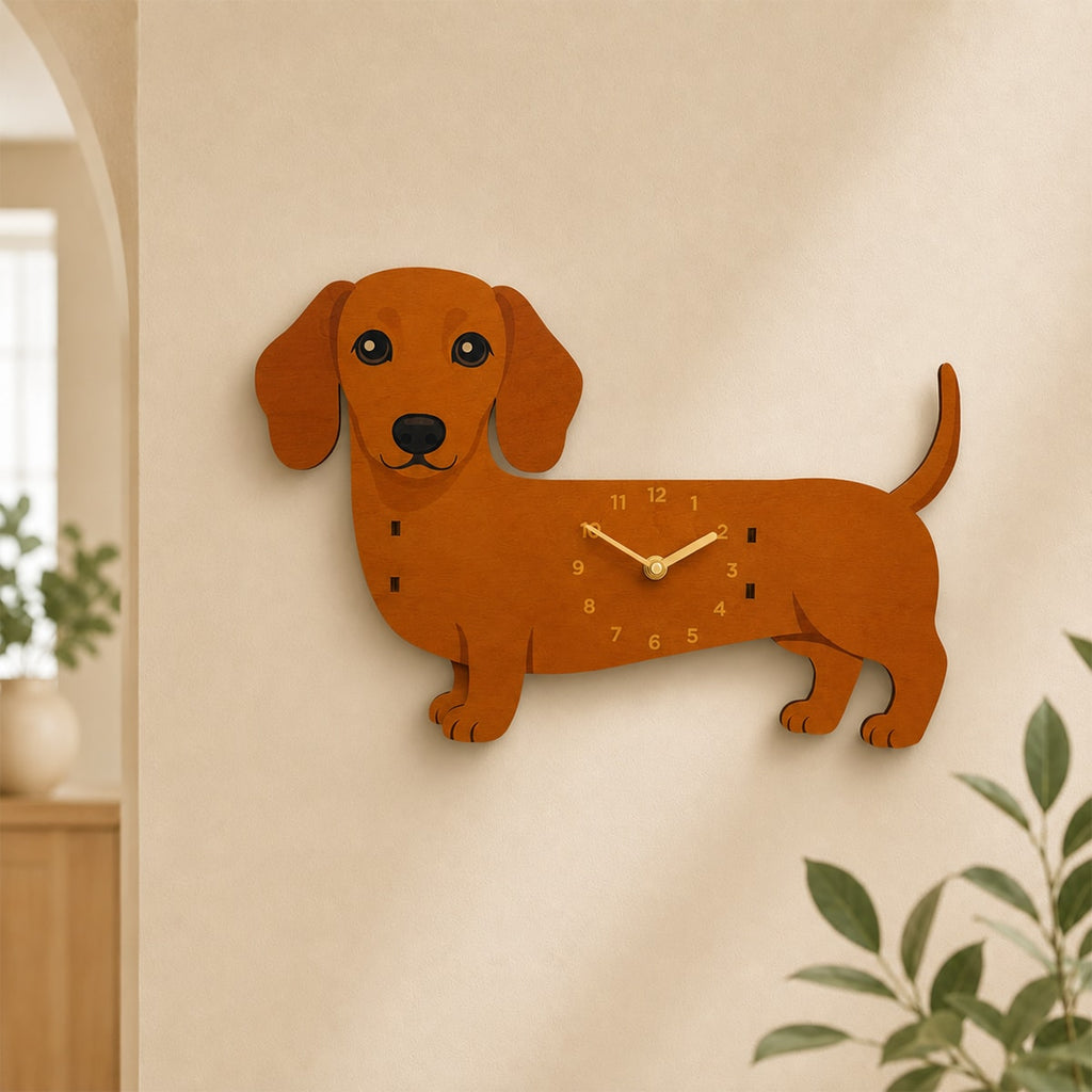 Dachshund Wall Clock with Swinging Tail | Silent Wooden Pendulum Clock