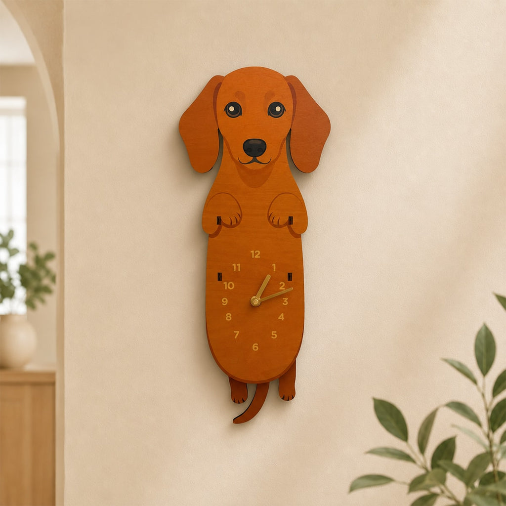 Dachshund Wall Clock with Swinging Tail | Silent Wooden Pendulum Clock