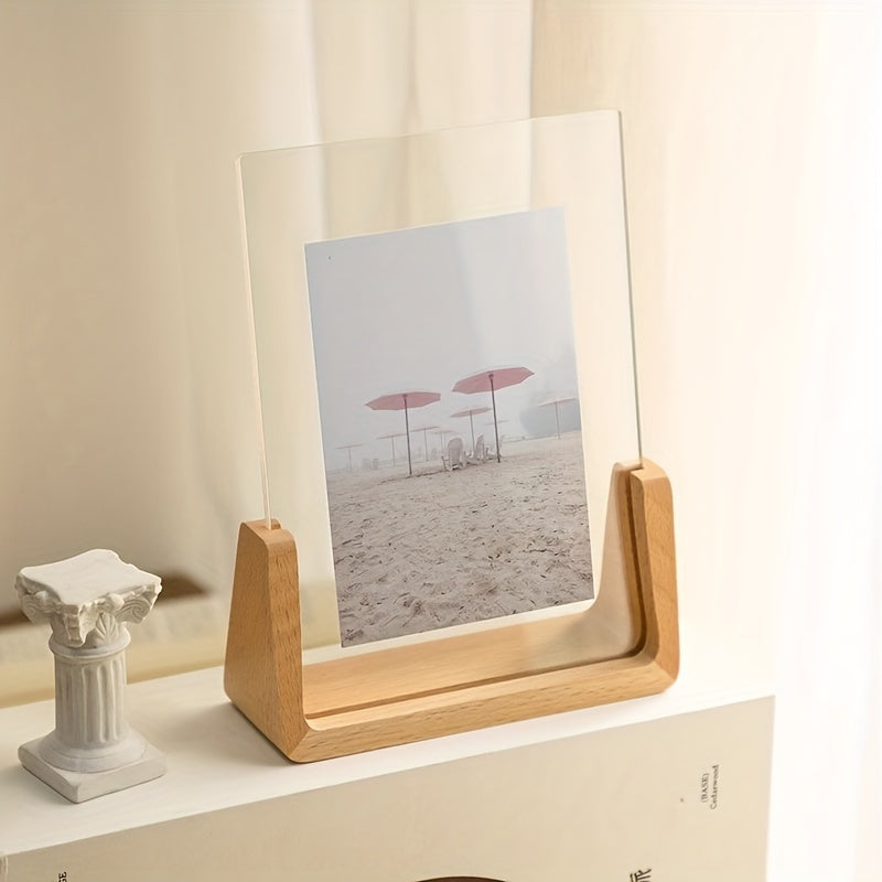 U Shaped Acrylic Photo Frame Solid Wood Base Clear Picture Frame Minimalist Tabletop Display Horizontal or Vertical for Desk Shelf and Bedside