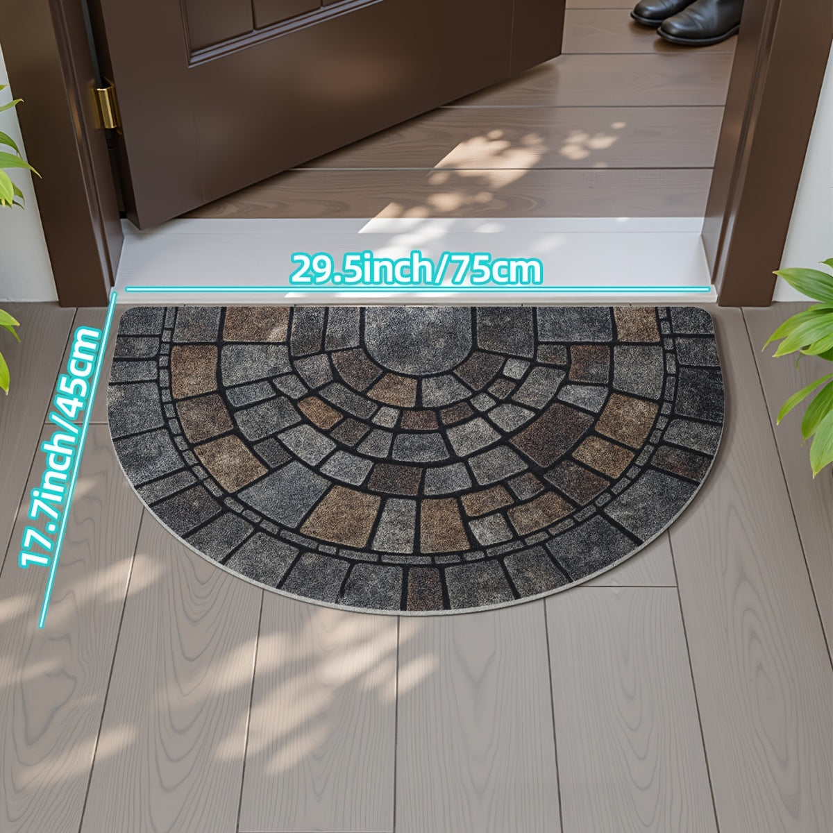 Half Circle Mosaic Door Mat Non-Slip Semicircle Welcome Mat Stone Pattern Indoor Outdoor Entryway Rug