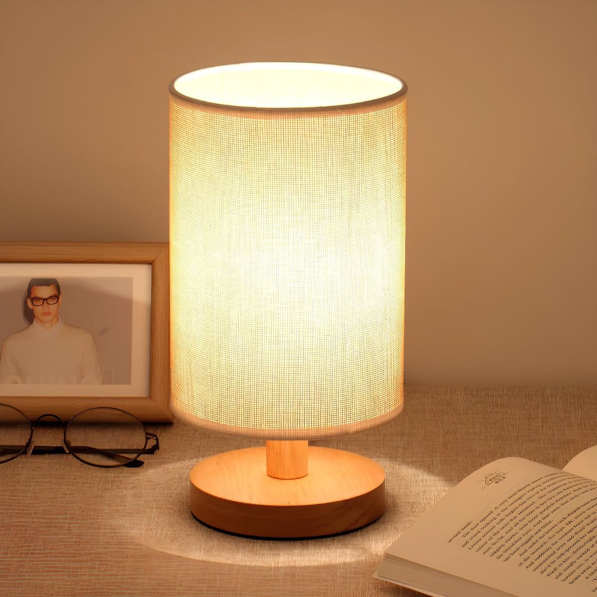 Dimmable Wood and Linen Bedside Table Lamp with Remote and Touch Control