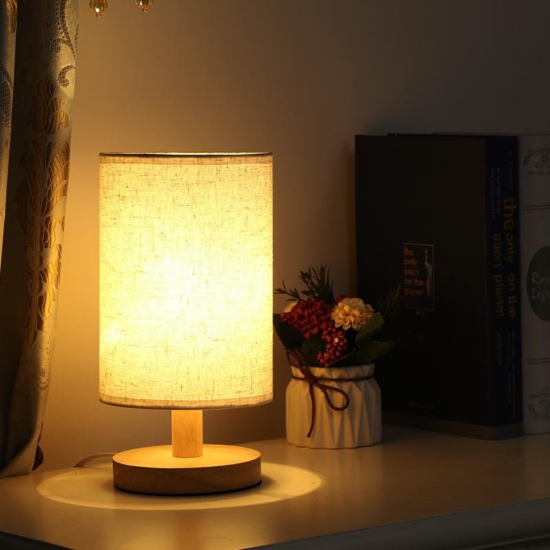 Dimmable Wood and Linen Bedside Table Lamp with Remote and Touch Control