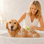 Dog Bath Brush with Shampoo Dispenser and Soft Silicone Bristles