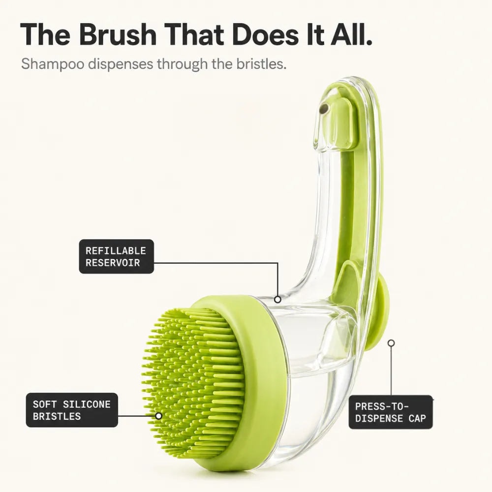 Dog Bath Brush with Shampoo Dispenser and Soft Silicone Bristles
