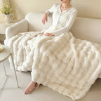Double Layer Thick Faux Fur Throw Blanket with Bubble Texture for Sofa