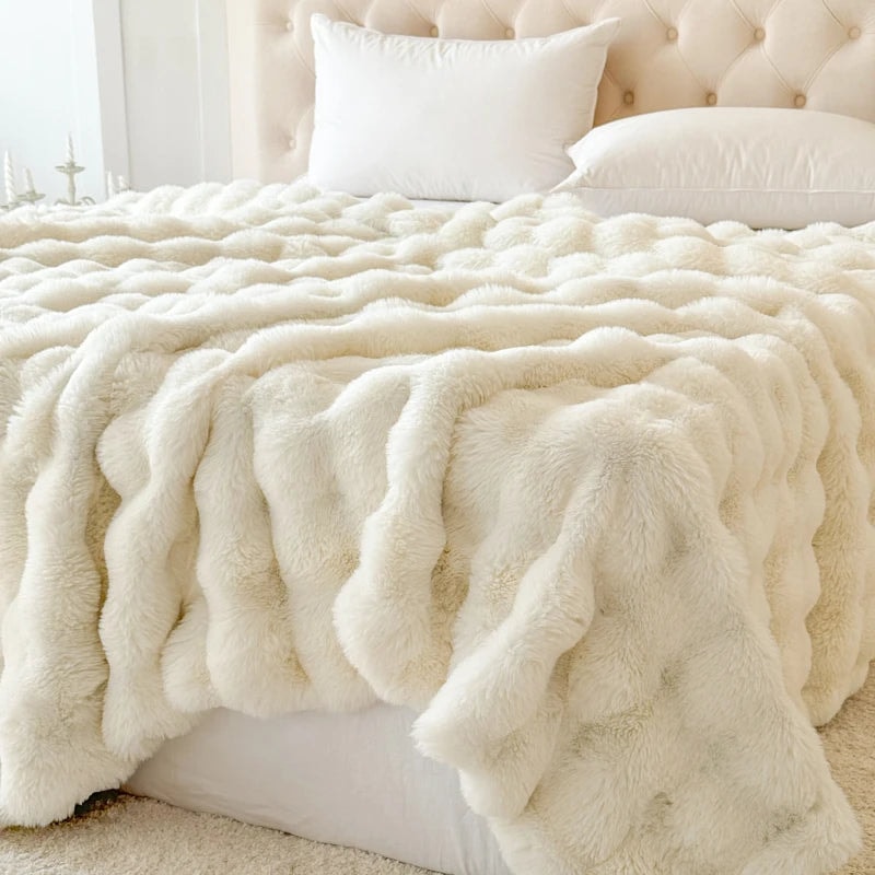 Double Layer Thick Faux Fur Throw Blanket with Bubble Texture for Sofa