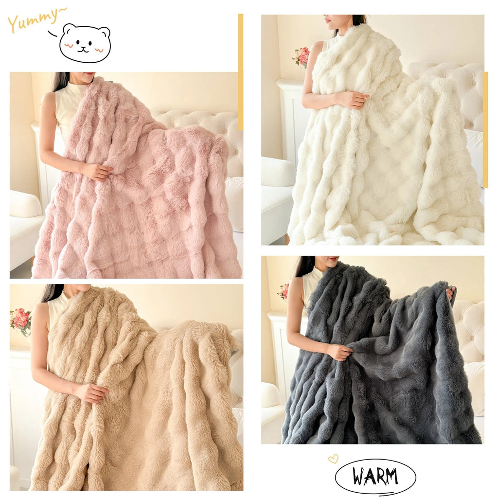 Double Layer Thick Faux Fur Throw Blanket with Bubble Texture for Sofa