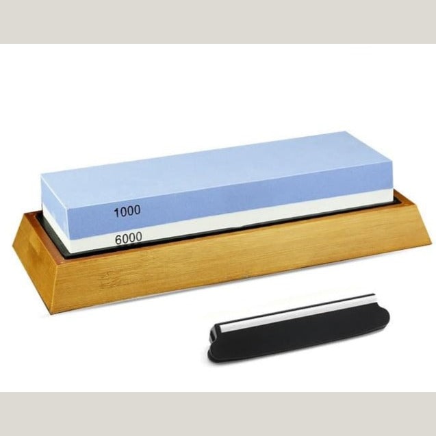 Double Sided Japanese Whetstone Knife Sharpener with Bamboo Base and Angle Guide