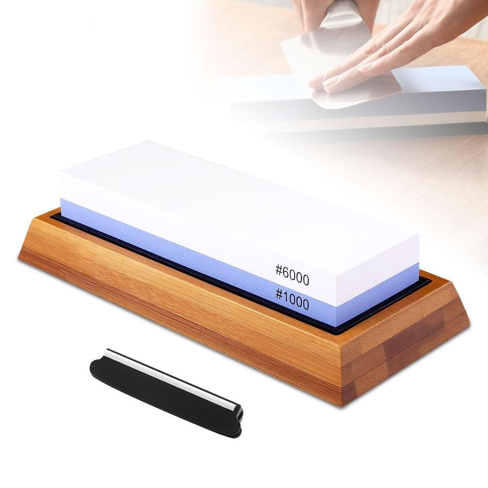Double Sided Japanese Whetstone Knife Sharpener with Bamboo Base and Angle Guide