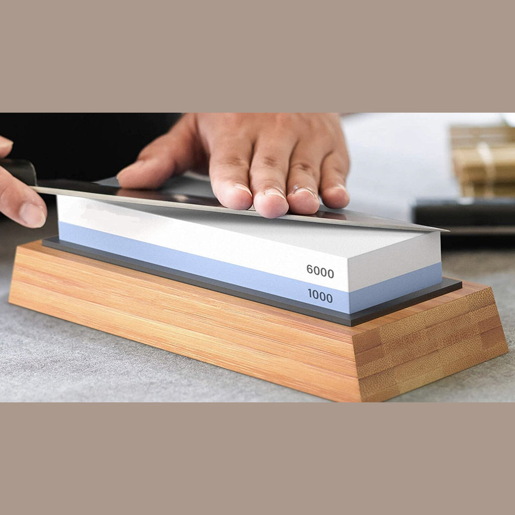 Double Sided Japanese Whetstone Knife Sharpener with Bamboo Base and Angle Guide