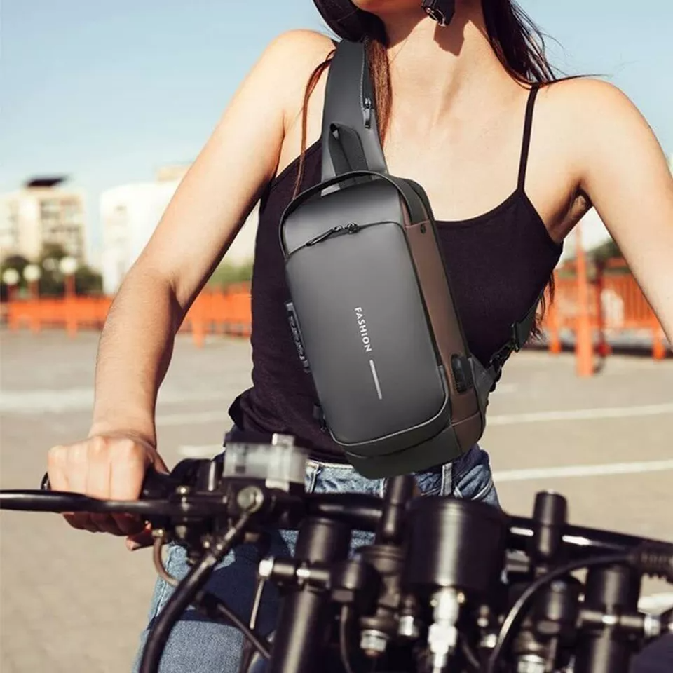 Anti-Theft Sling Backpack Crossbody Chest Bag with USB Charging Port Combination Lock Water-Resistant Shoulder Bag