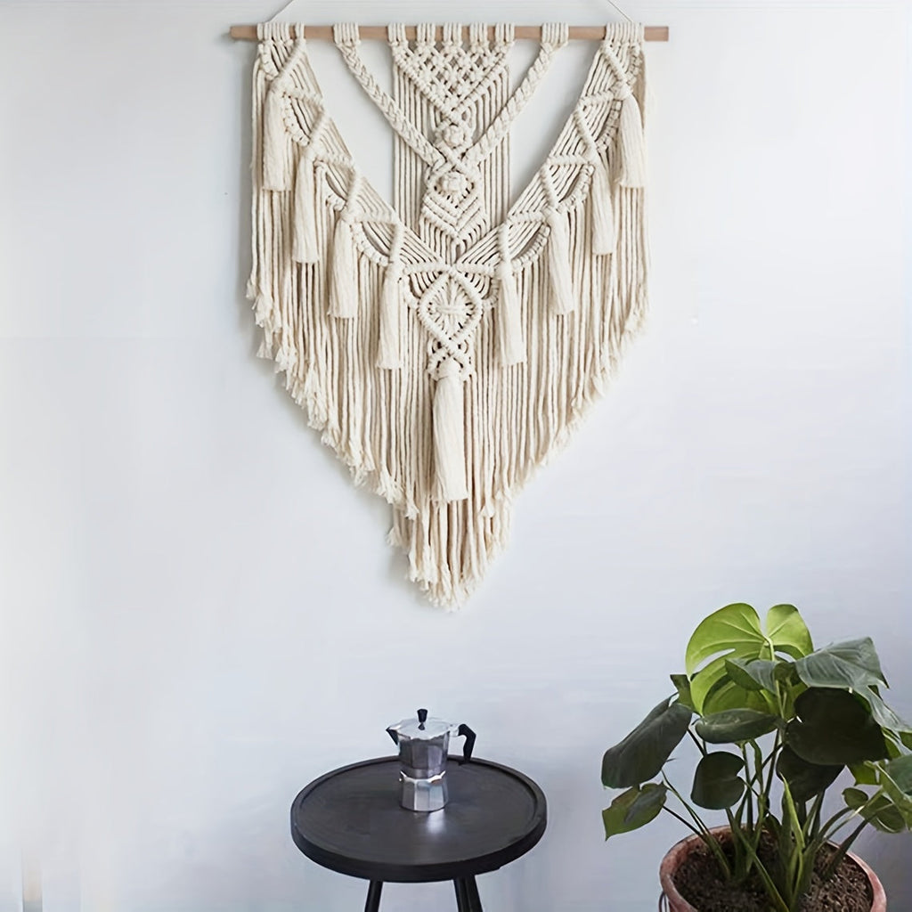 Boho Macrame Wall Hanging Handwoven Geometric Tapestry with Fringe and Tassels Wall Decor for Bedroom and Living Room