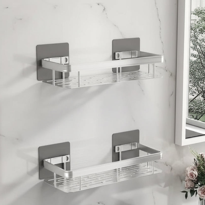 Adhesive Bathroom Shelf No-Drill Wall Mounted Shower Caddy Stainless Steel and ABS Storage Rack for Shampoo and Toiletries