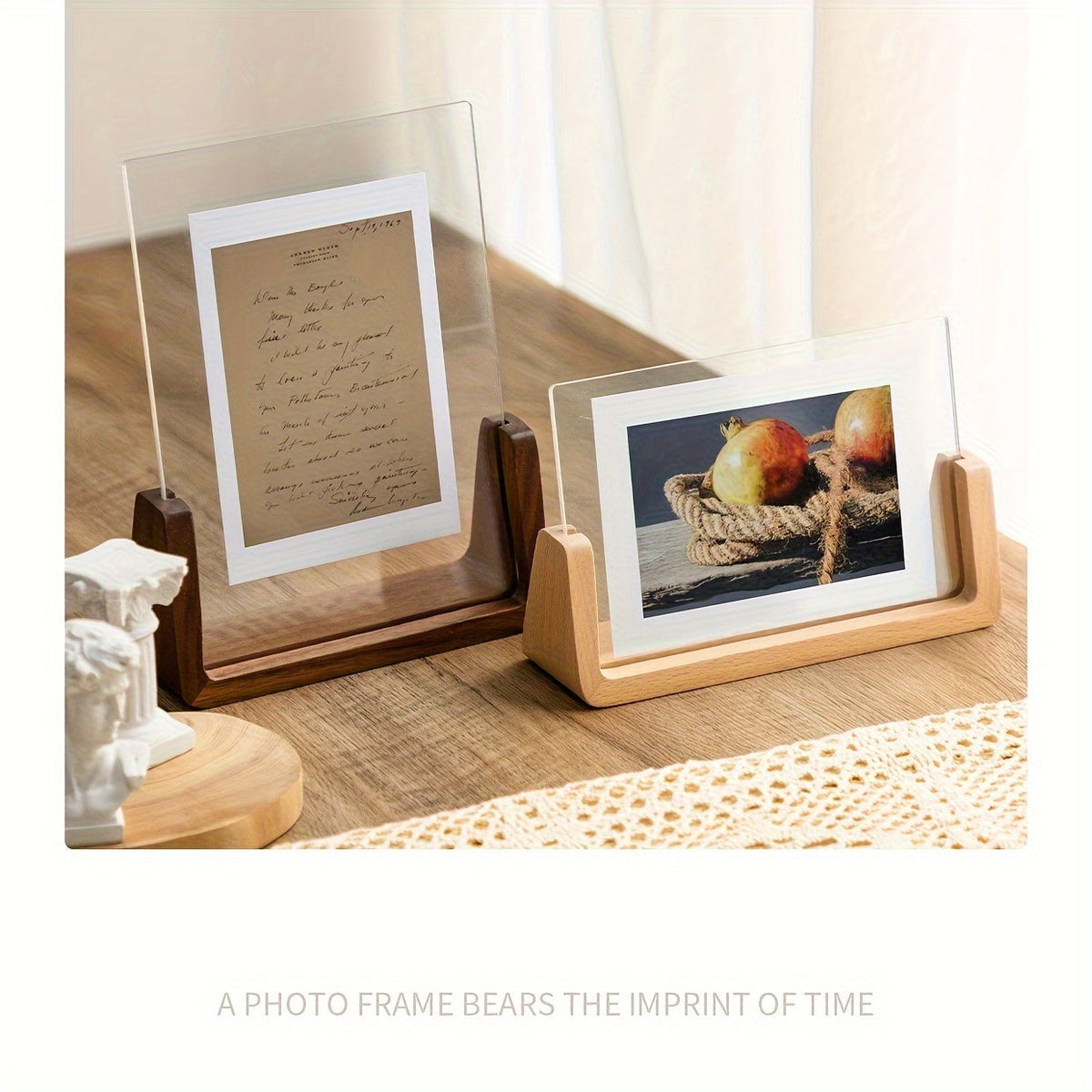U Shaped Acrylic Photo Frame Solid Wood Base Clear Picture Frame Minimalist Tabletop Display Horizontal or Vertical for Desk Shelf and Bedside