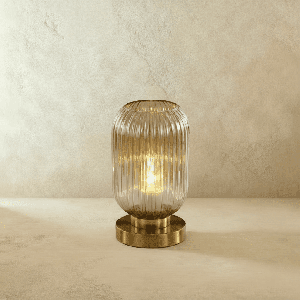 Ribbed Glass LED Light Table Lamp with Brass Base