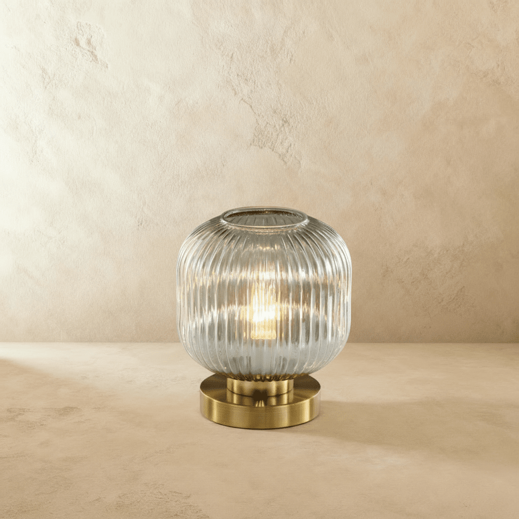 Ribbed Glass LED Light Table Lamp with Brass Base