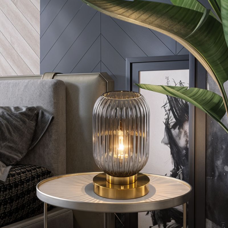 Ribbed Glass LED Light Table Lamp with Brass Base