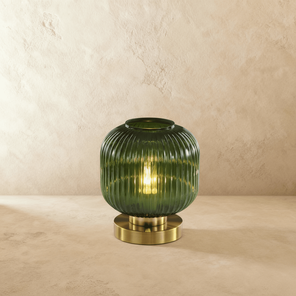 Ribbed Glass LED Light Table Lamp with Brass Base
