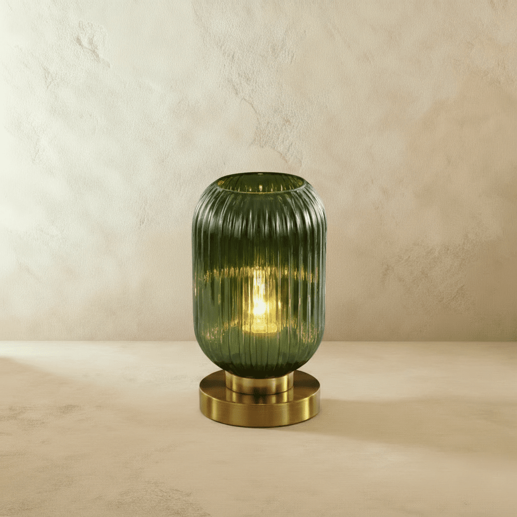 Ribbed Glass LED Light Table Lamp with Brass Base