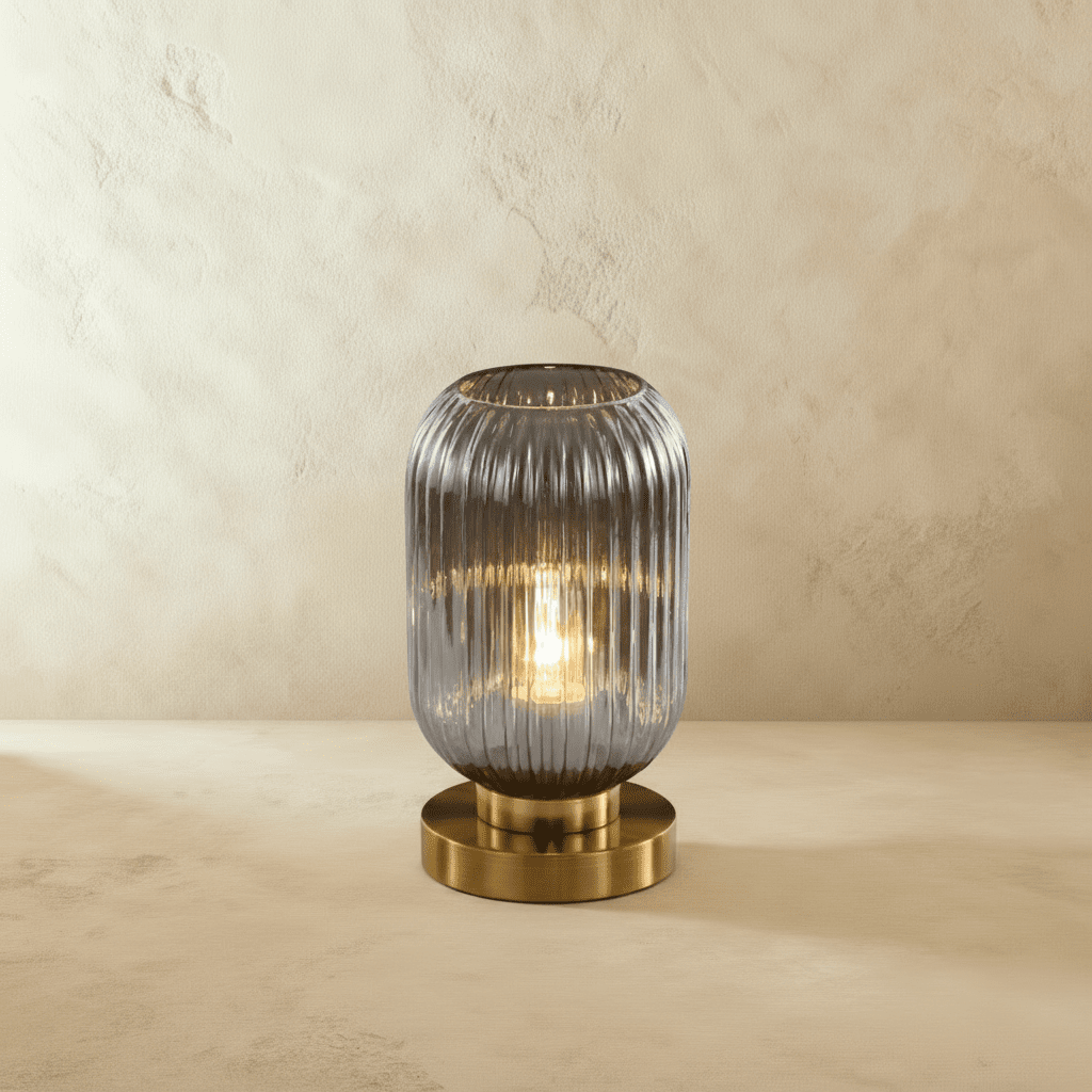 Ribbed Glass LED Light Table Lamp with Brass Base