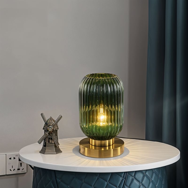 Ribbed Glass LED Light Table Lamp with Brass Base