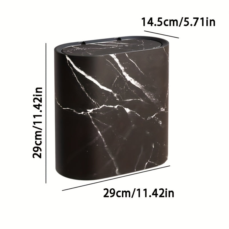 Marble Pattern Trash Can Slim Oval Bathroom Garbage Can with Lid Plastic Waste Bin for Kitchen Bedroom and Office Narrow Spaces
