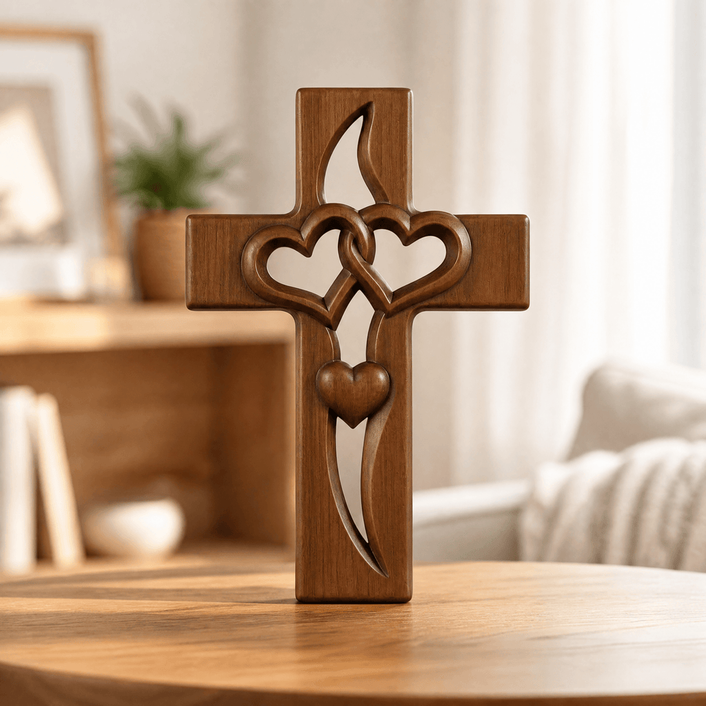 Wooden Intertwined Hearts Cross Wall Decor with Carved Detailing