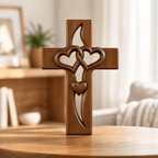 Wooden Intertwined Hearts Cross Wall Decor with Carved Detailing