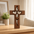 Wooden Intertwined Hearts Cross Wall Decor with Carved Detailing