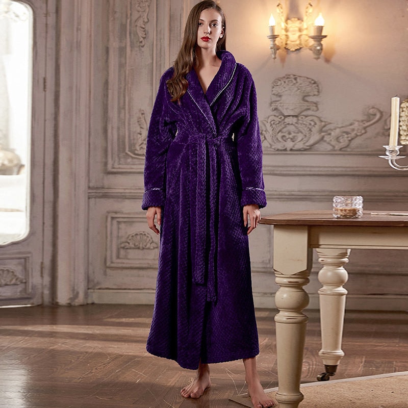Extra Long Plush Flannel Robe for Women Warm Winter Bathrobe