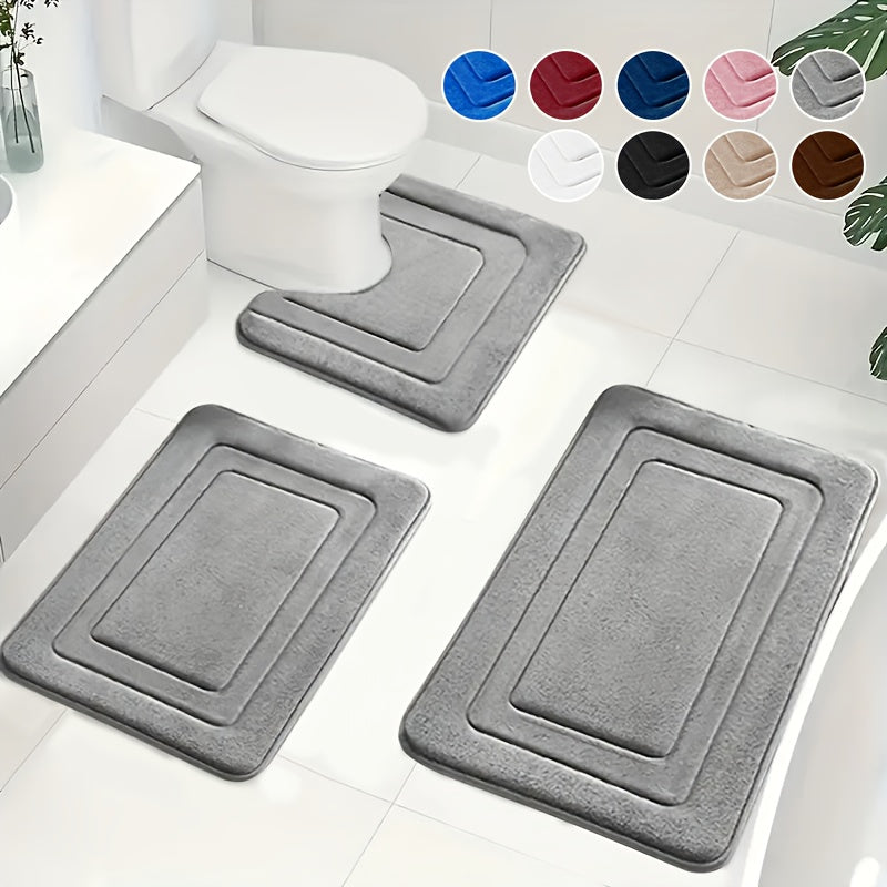 Memory Foam Bath Mat Set Absorbent Non-Slip Bathroom Rugs with U-Shaped Toilet Mat Machine Washable Three Piece Set