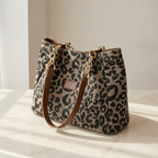 Leopard Print Woven Canvas Tote Bag with Chain Detail and Faux Leather Straps