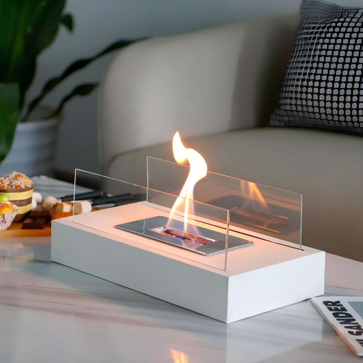 Portable Bioethanol Tabletop Fireplace with Tempered Glass Smokeless Indoor Outdoor Table Fire Pit