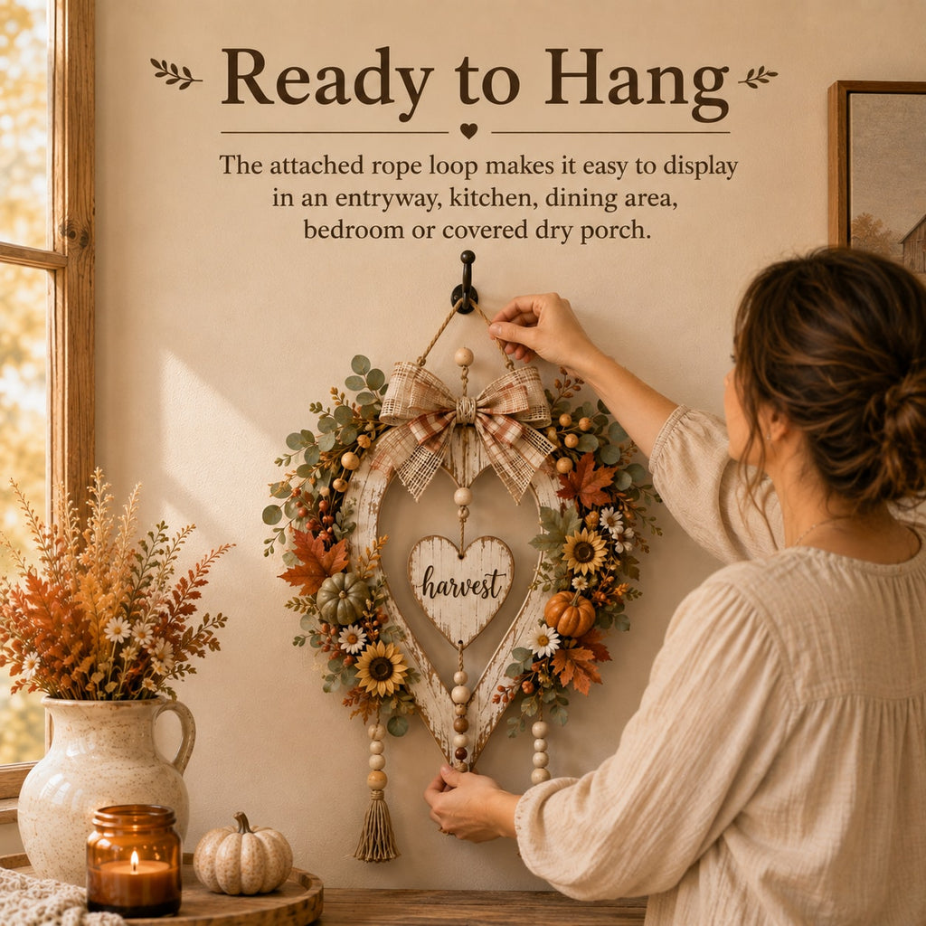 Fall Harvest Heart Wreath with Pumpkins and Sunflowers for Front Door