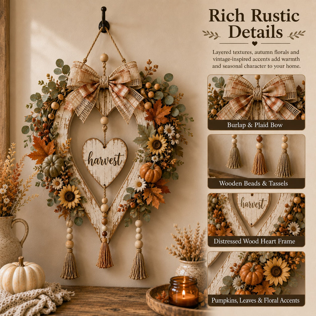 Fall Harvest Heart Wreath with Pumpkins and Sunflowers for Front Door