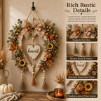 Fall Harvest Heart Wreath with Pumpkins and Sunflowers for Front Door