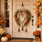Fall Harvest Heart Wreath with Pumpkins and Sunflowers for Front Door